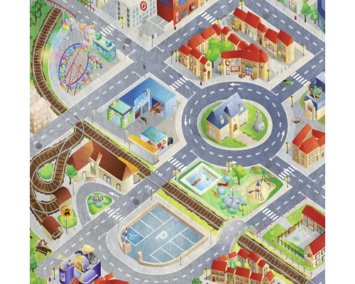 Illustratie van een stad met gebouwen, straten, spoorlijn en pretpark
