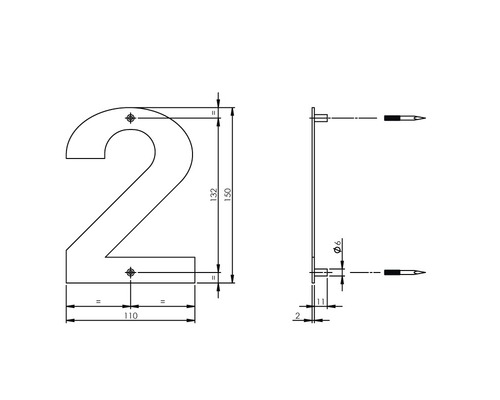 Technische tekening van huisnummer 2 met maatvoering