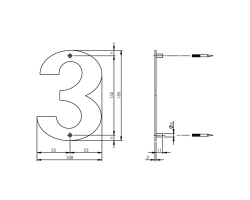 Technische tekening huisnummer 3 met maataanduidingen