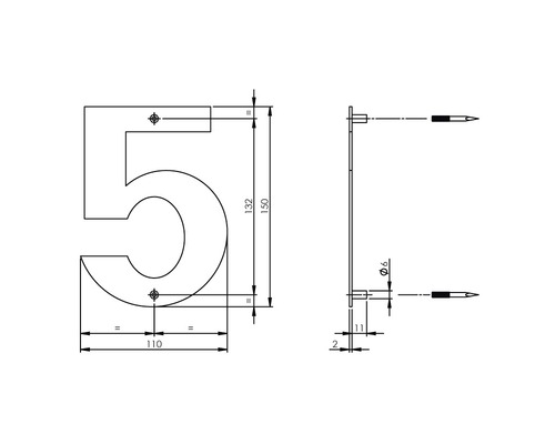 Technische tekening huisnummer 5 met maatvoering