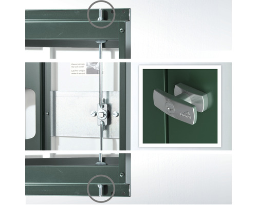 Detailopname van een metalen kast met vergrendelingsmechanisme en handgreep