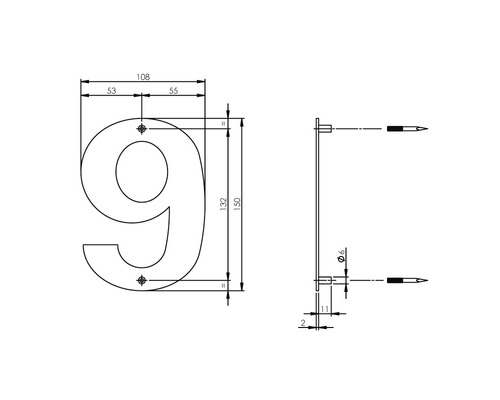 Technische tekening huisnummer 9 met maatvoering