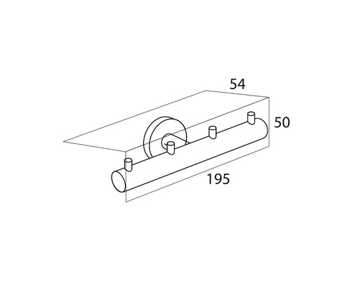 Technische tekening van een badkamerplank met vier haken en maataanduidingen