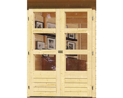 Houten dubbele deur met glazen panelen voor tuinhuis