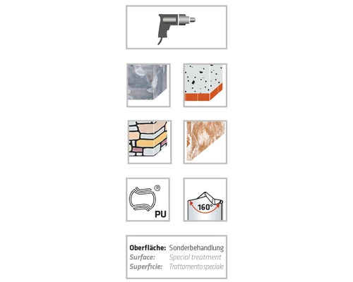 Symbolische weergave van de toepassing en eigenschappen van een product: Toepassing met spuitpistool, oppervlak met speciale behandeling, product is op basis van polyurethaan, openingshoek 160 graden.
