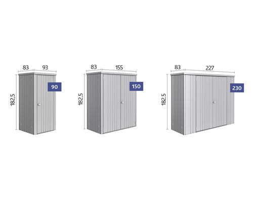 Afbeelding van verschillende tuinkasten met de afmetingen 90, 150 en 230 centimeter breed