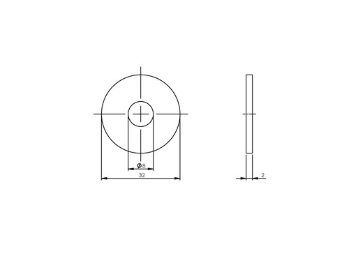 Technische tekening van een sluitring met een diameter van 32 millimeter, een gatdiameter van 8 millimeter en een dikte van 2 millimeter