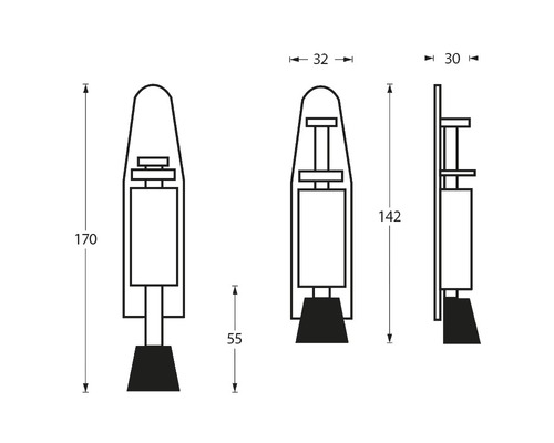 Technische tekening van een deurvanger met afmetingen