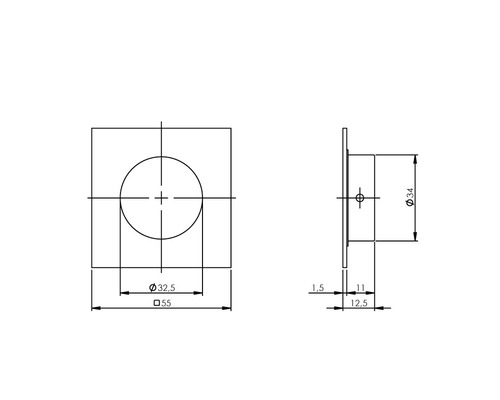 Technische tekening van een vierkant afvoerventiel met afmetingen