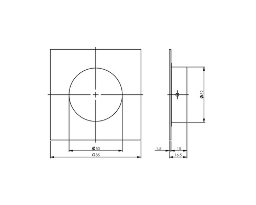 Technische tekening van een vierkante afdekplaat met een cirkelvormige uitsparing en maatvoering
