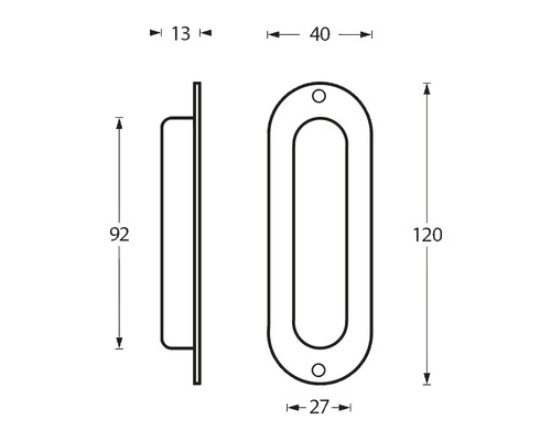 Technische tekening van een inbouw handgreep met maataanduidingen.