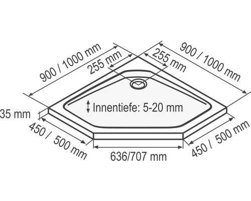 Technische tekening van een douchebak met maatvoering