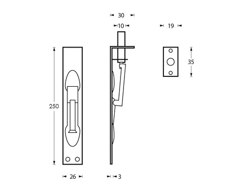 Technische tekening van een grendel met afmetingen