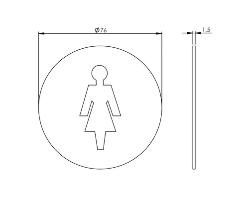 Technische tekening van een damessymbool met afmetingen van 76 mm diameter en 1,5 mm dik