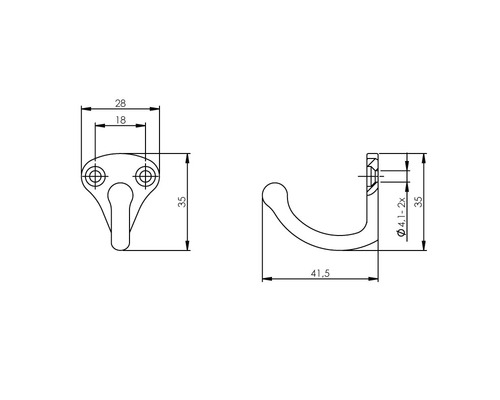 Technische tekening van een enkele kledinghaak met afmetingen