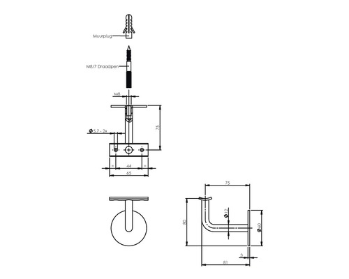 Technische tekening van een wandhouder met maatvoering