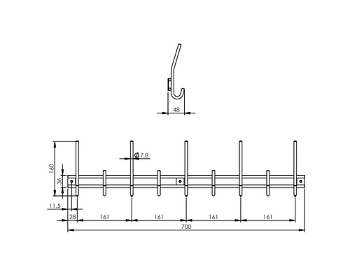Technische tekening van een kapstok met afmetingen