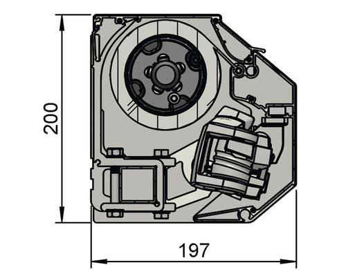 Technische tekening van een rolluikkast met afmetingen 200 x 197.