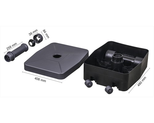 Onderdelen van een parasolvoet met afmetingen