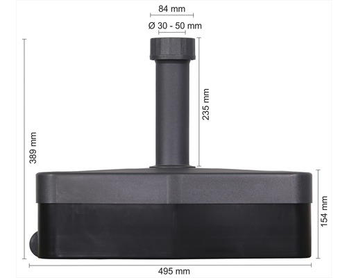 Afbeelding van een parasolvoet met maatgegevens