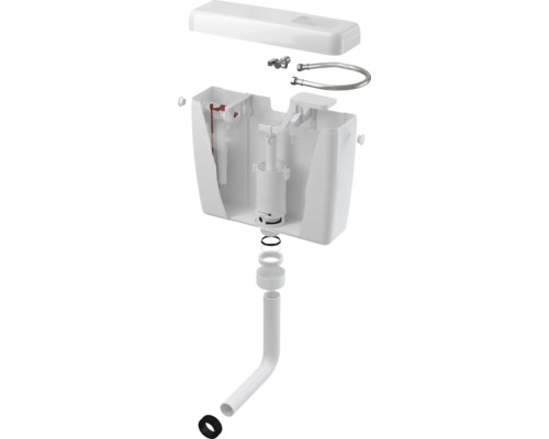 Doorsnede van een toiletreservoir toont de interne mechanismen en componenten