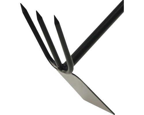 Tuingereedschap met vier tanden en een blad voor grondbewerking