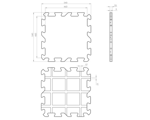 Technische tekening van een puzzelschuimmat met afmetingen