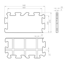 Technische tekening van een puzzelvloertegel met afmetingen