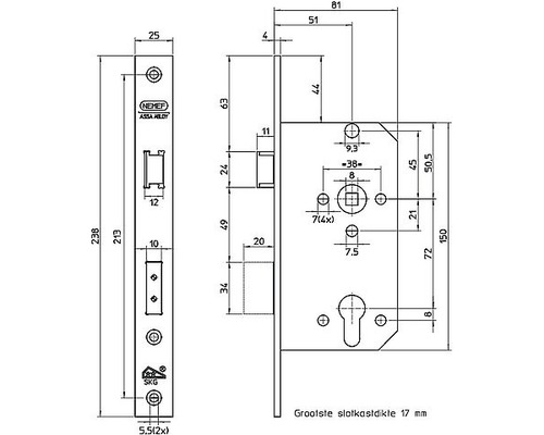 Technische tekening van een deurslot met afmetingen