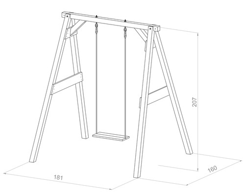 Illustratie van een houten schommel met de afmetingen 207 x 181 x 160 cm.