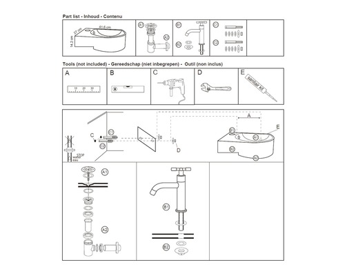 Installatiehandleiding voor een wastafel met kraan, inclusief onderdelenlijst en benodigd gereedschap