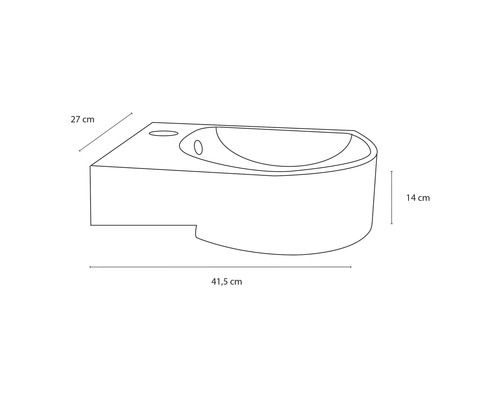 Schets van een wastafel met de afmetingen 41,5 cm lengte, 27 cm breedte en 14 cm hoogte