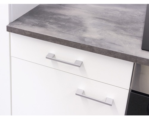 Keukenkast met grijs werkblad en laden