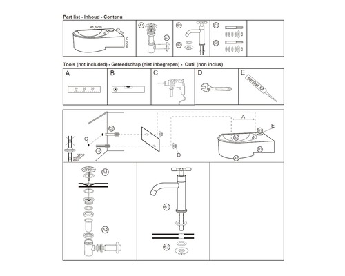 Afbeelding van een onderdelenlijst en gereedschap voor sanitairinstallaties