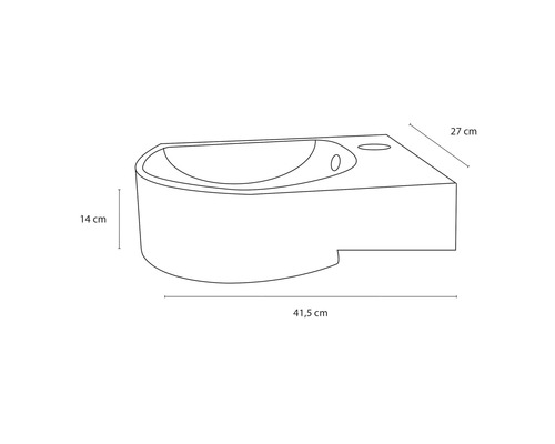 Tekening van een wastafel met de afmetingen 41,5 cm breed, 27 cm diep en 14 cm hoog.