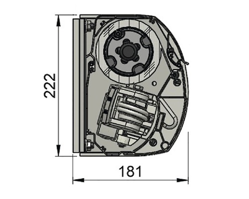 Technische tekening van een rolluikbediening met de afmetingen 222 bij 181 millimeter.