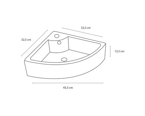 Technische tekening van een hoekwastafel met afmetingen