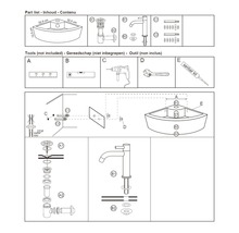 Installatie-instructies voor een hoekwastafel met onderdelen, gereedschap en montagestappen