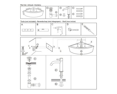 Installatie-instructies voor een hoekwastafel met onderdelen, gereedschap en montagestappen