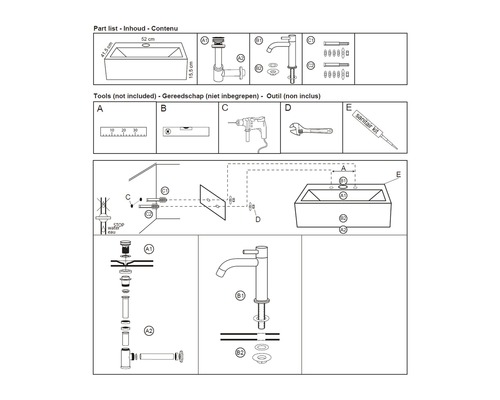 Installatietekening voor een wastafel met accessoires en gereedschap.