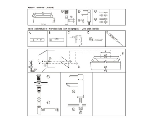 Installatie-instructies voor wastafel, afvoergarnituur en kraan