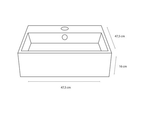 Schets van een wastafel met maatgegevens 47,5 cm x 47,5 cm x 16 cm