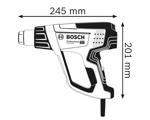 Bosch heteluchtpistool, afmetingen 245 mm breed en 201 mm hoog