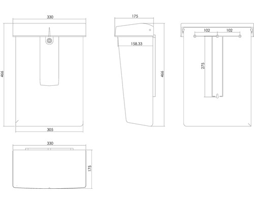 Technische tekening van een brievenbus met afmetingen
