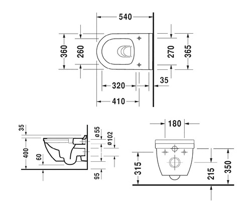 Technische tekening van een wandcloset met afmetingen