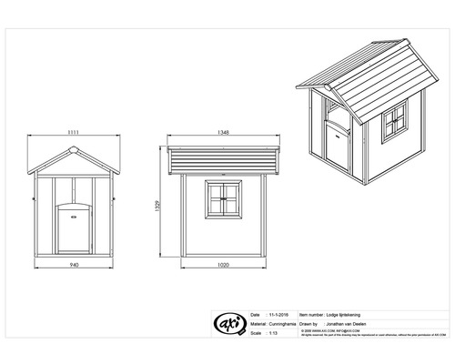 Technische tekening van een speelhuis met deur en ramen.