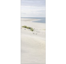 Landschapsfoto van een zandstrand met duinen en de zee.
