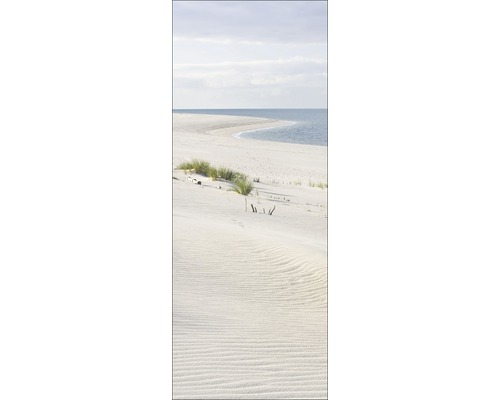 Landschapsfoto van een zandstrand met duinen en de zee.