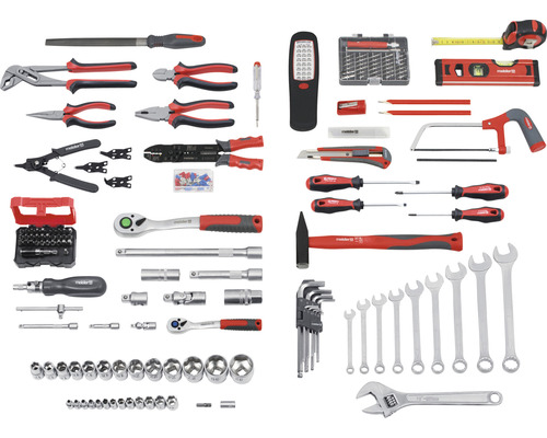 Uitgebreid assortiment gereedschap met tangen, schroevendraaiers, steeksleutels, hamer en nog veel meer