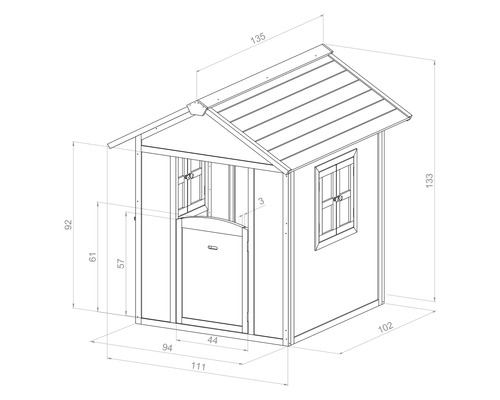Technische tekening van een kinderspeelhuis met maatvoering